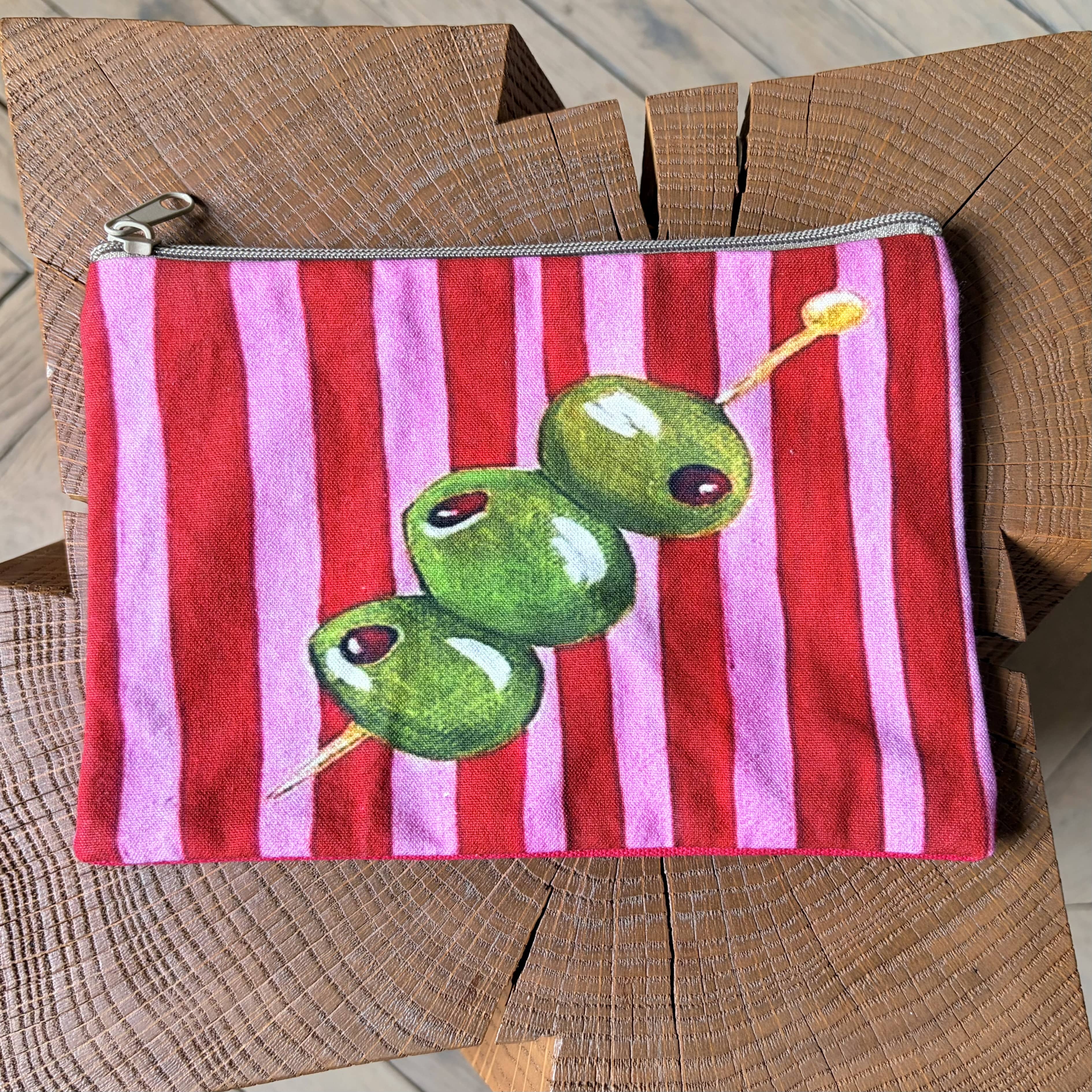 Grande pochette olives rayures rose 22x15 cm