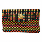 Pochette Louise en tweed rose, jaune, turquoise, orange, vert et noir tissé et fabriquée en France