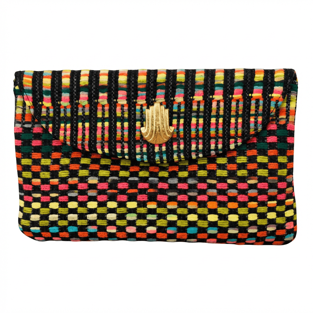Pochette Louise en tweed rose, jaune, turquoise, orange, vert et noir tissé et fabriquée en France