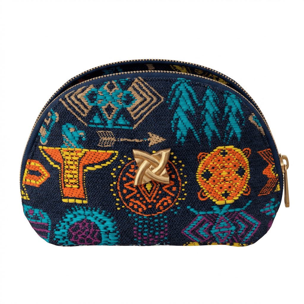 Pochette Sam en tweed bleu marine, orange, rose, turquoise et jaune tissé et fabriquée en France
