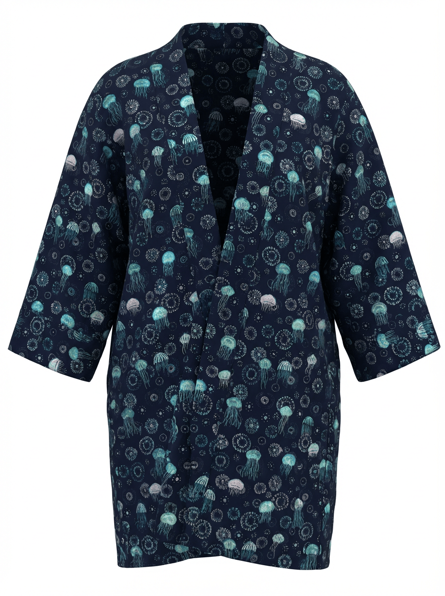 Kimono en tweed bleu, turquoise et argent méduses tissé et fabriqué en France