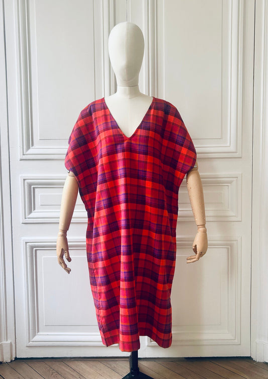 Robe en V longue en tartan ultra doux fabriquée en France