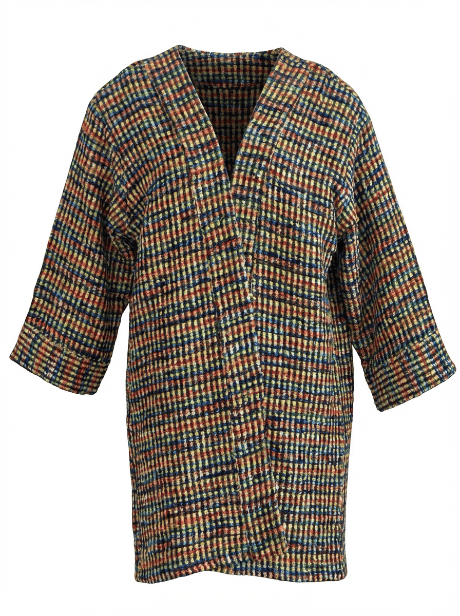 Kimono en tweed jaune, bleu, orange, turquoise et noir et fabriqué en France