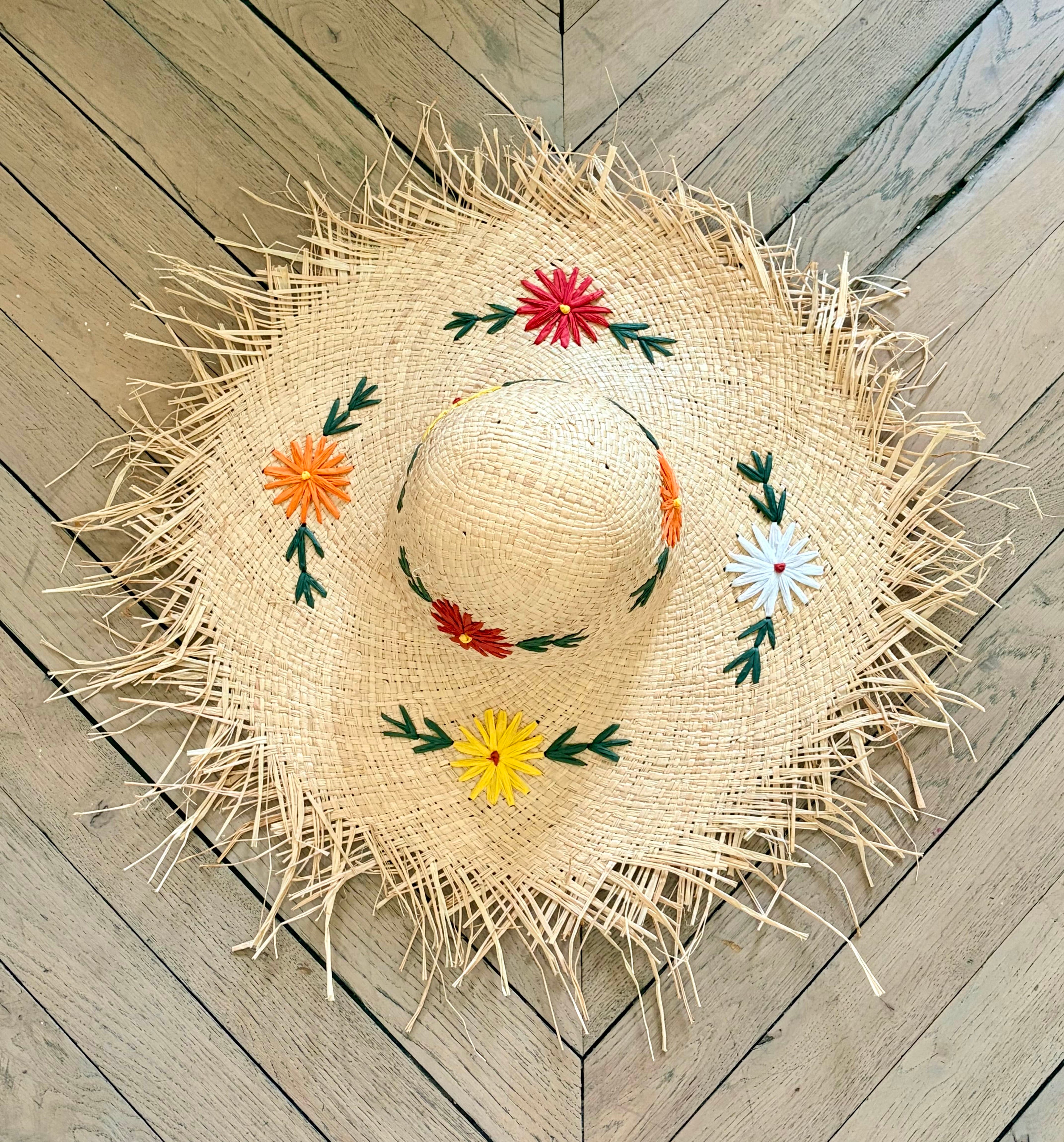 Grand chapeau de paille Flower power