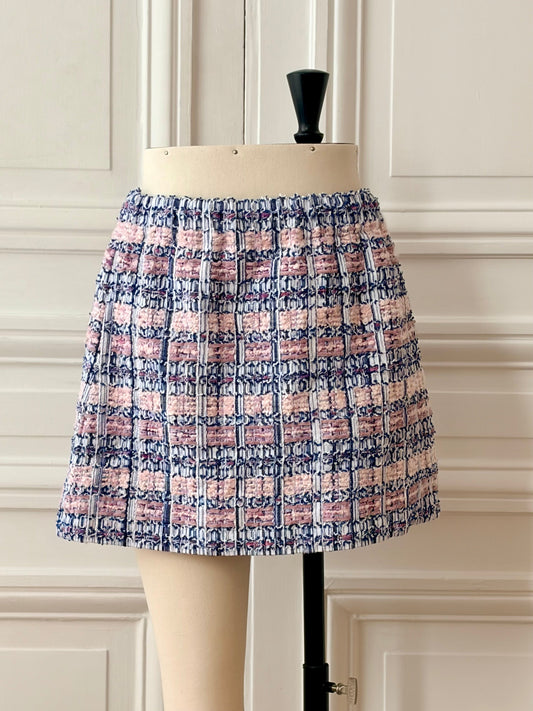 Mini jupe en tweed rose et bleu  fabriqué en France