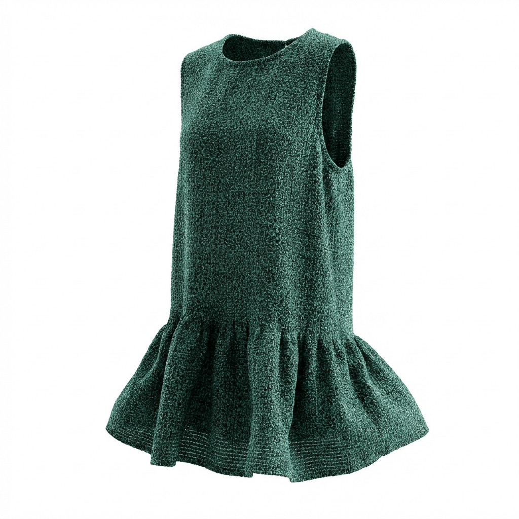 Robe sans manches à volant en tweed vert, noir et blanc fabriqué en France