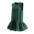 Robe sans manches à volant en tweed vert, noir et blanc fabriqué en France