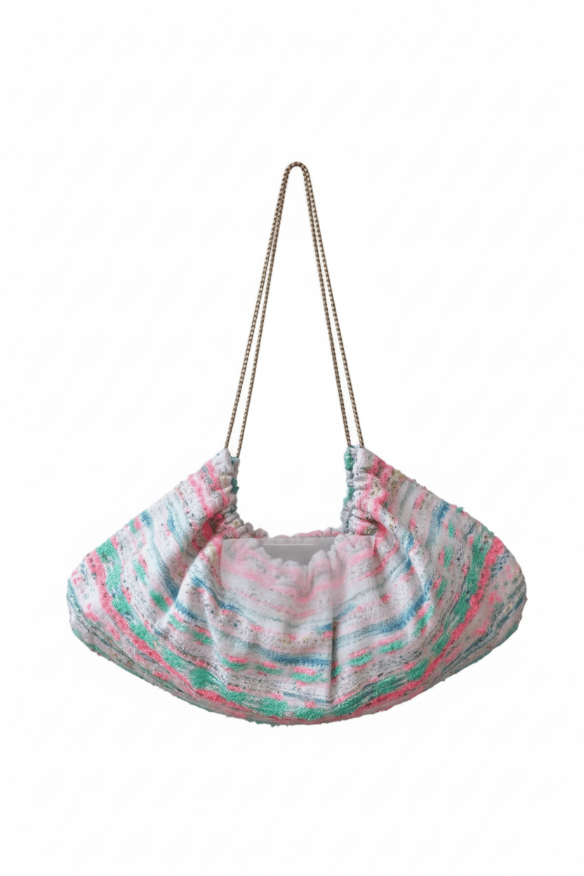 Sac Bénédicte en tweed bleu, rose fluo, blanc et vert d'eau tissé et fabriqué en France