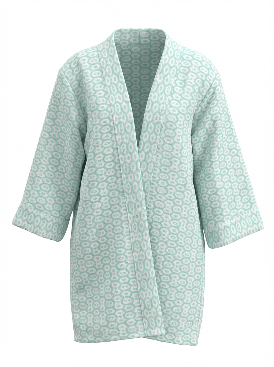 Kimono en tweed vert d'eau et blanc tissé et fabriqué en France