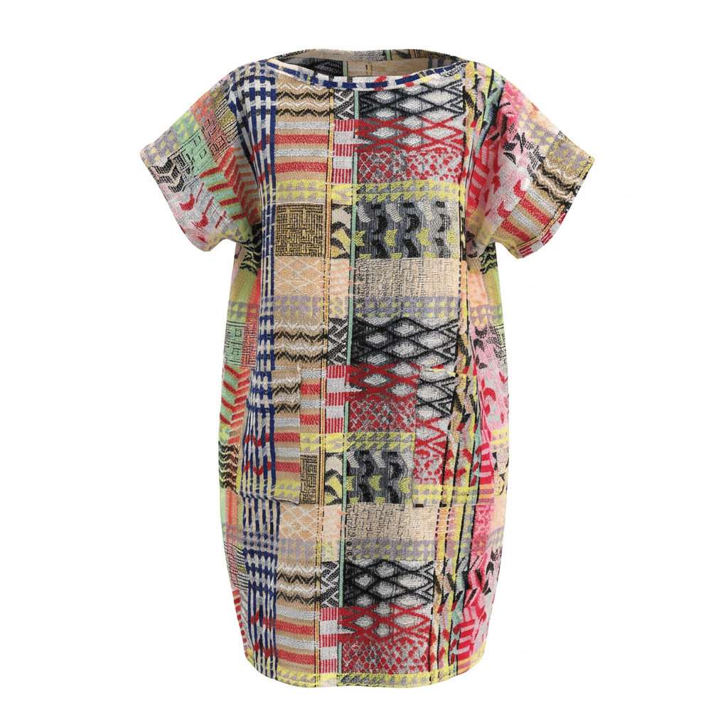 Robe en tweed jaune, rouge, noire, beige et blanc tissé et fabriquée en France