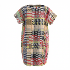 Robe en tweed jaune, rouge, noire, beige et blanc tissé et fabriquée en France