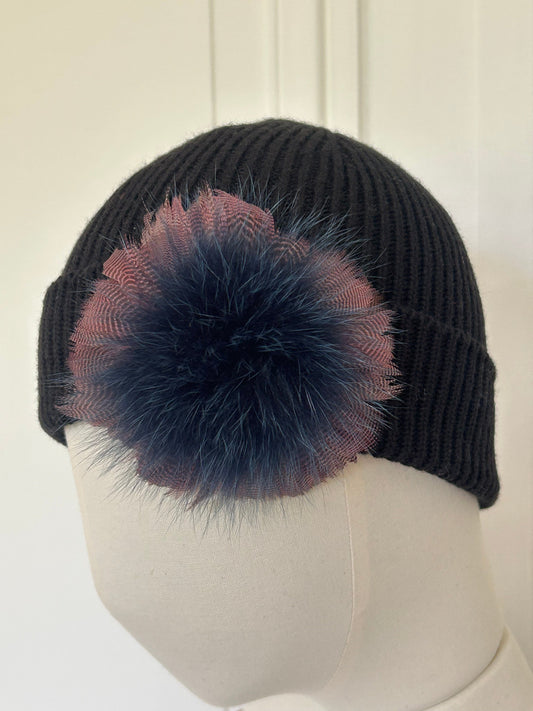 Bonnet noir à fines cotes tricoté en France 100% merinos
