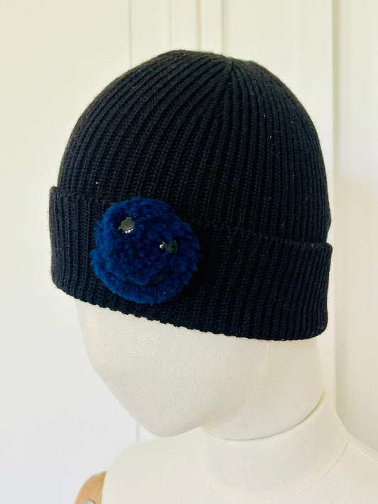 Bonnet noir à fines cotes tricoté en France 100% merinos