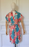 Robe mi longue col chemise imprimée coraux en coton