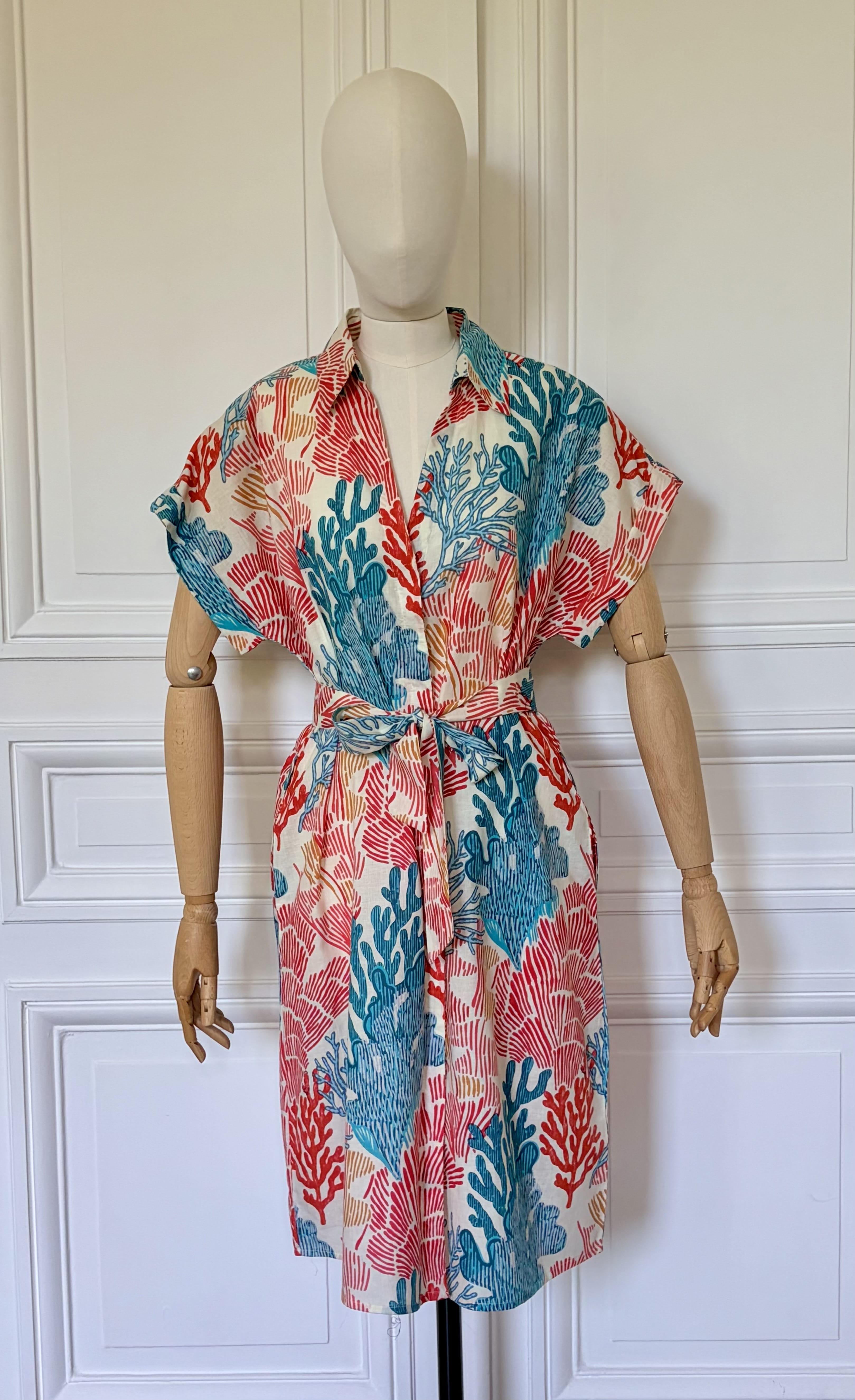 Robe mi longue col chemise imprimée coraux en coton