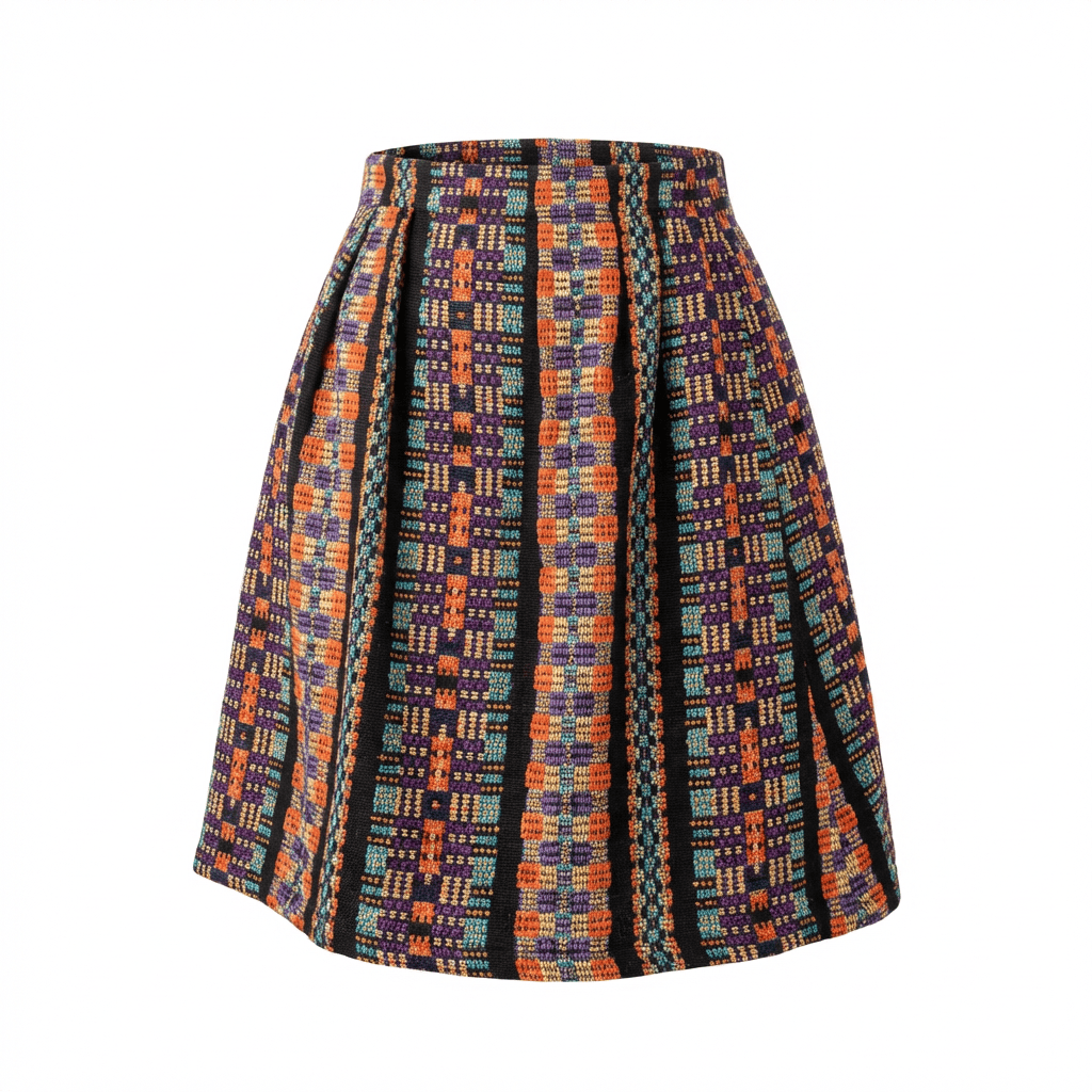 Jupe à taille élastiquée en tweed noir, violet, orange et or fabriquée en France