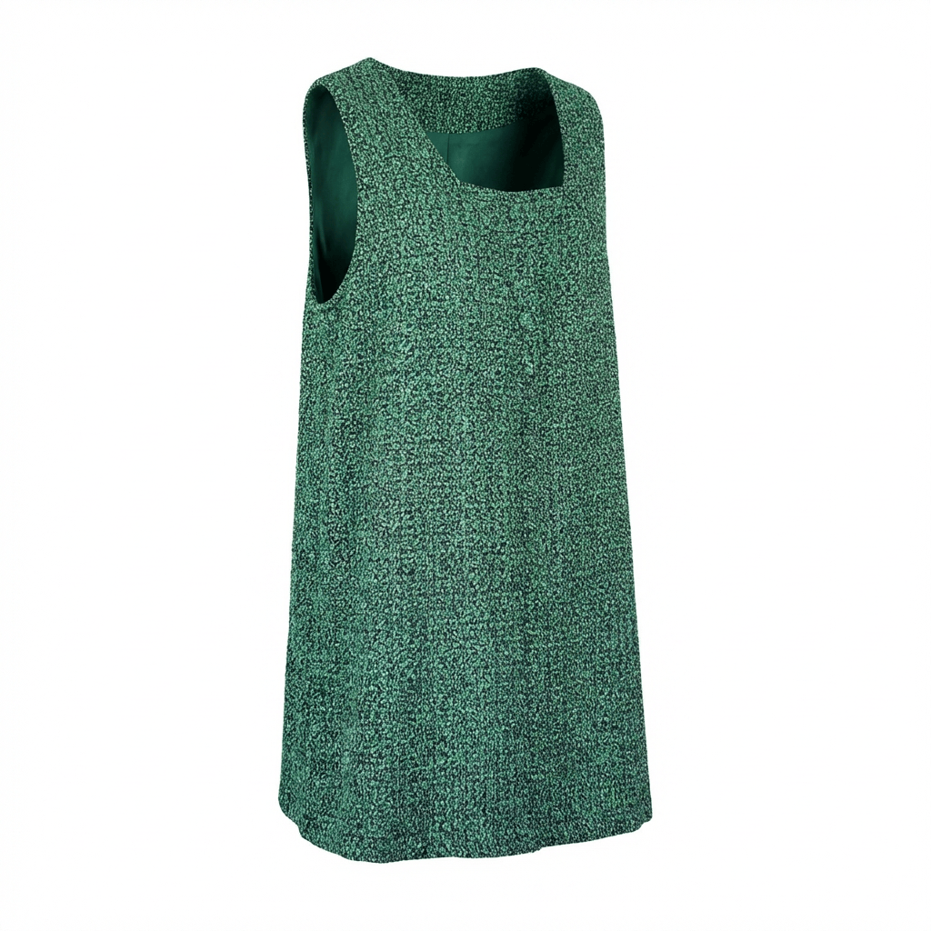 Robe en V en très tweed vert, blanc et noir tissé et fabriquée en France
