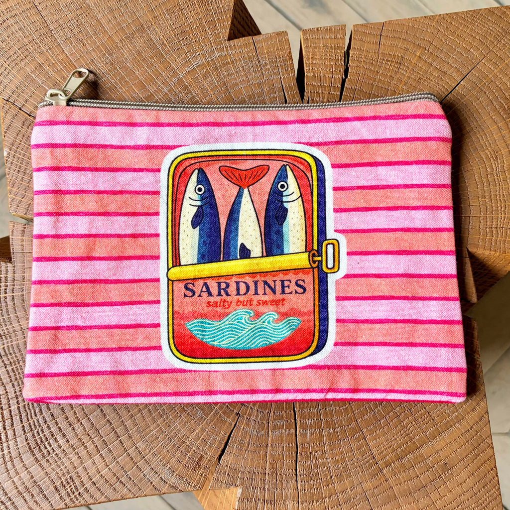 Grande pochette boîte de sardines rayures rose 22x15 cm