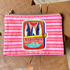 Grande pochette boîte de sardines rayures rose 22x15 cm