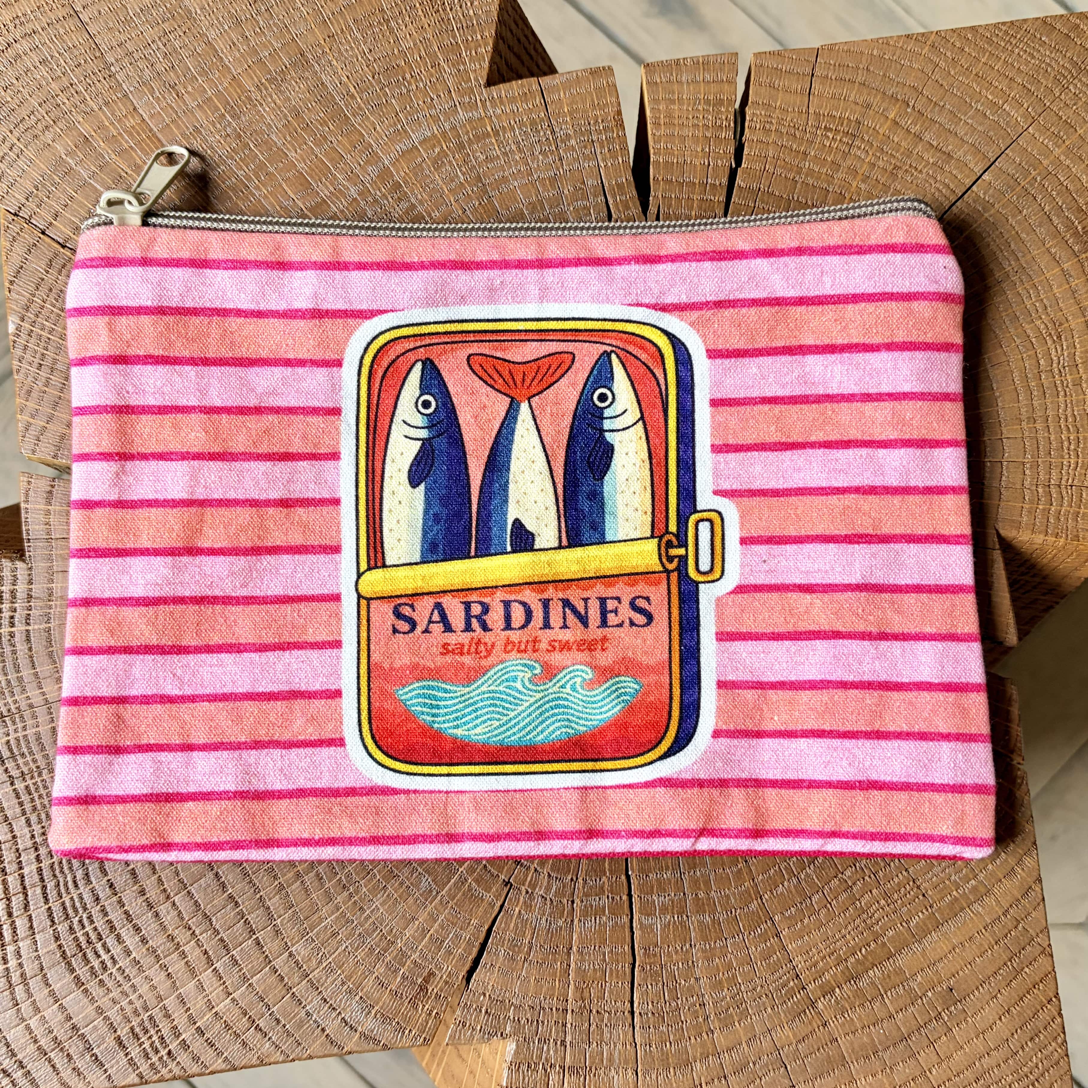 Grande pochette boîte de sardines rayures rose 22x15 cm
