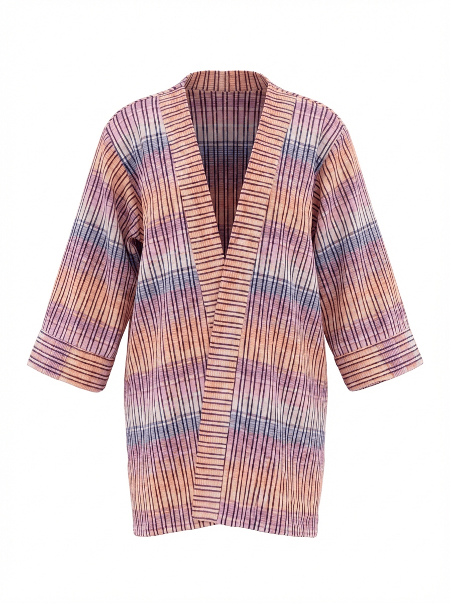 Kimono en tweed rose, noir, saumon, violet et blanc tissé et fabriqué en France