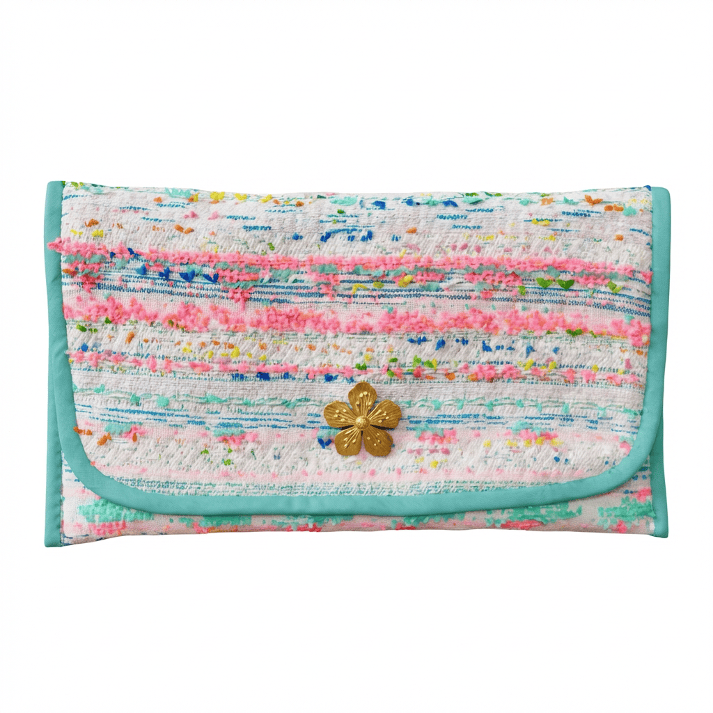 Pochette Alexandre en tweed bleu, rose fluo, blanc et vert d'eau tissé et fabriquée en France