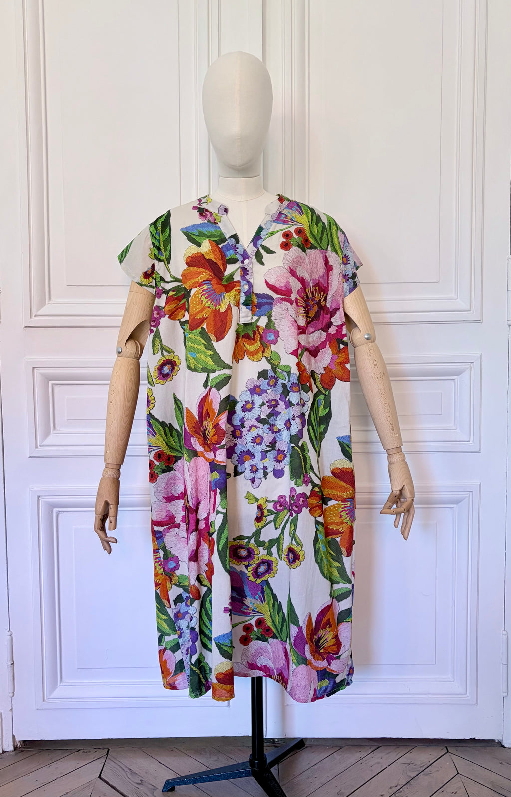 Robe mi longue col mao imprimée en coton