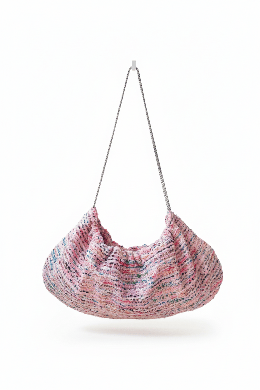 Housse de sac Mini Bénédicte en tweed rose tendre tissé et fabriqué en France