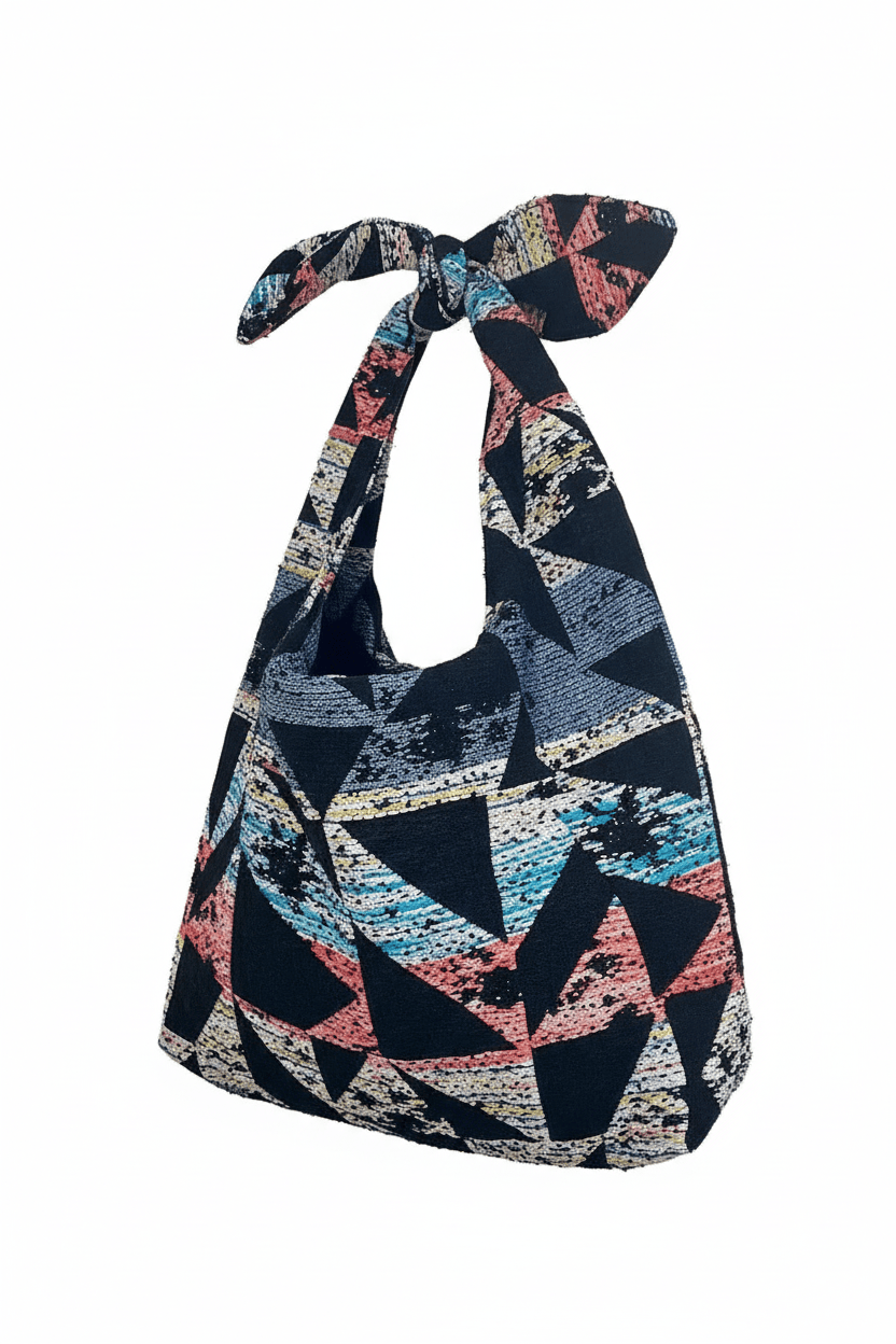 Sac Angèle en tweed bleu, blanc, noir, jaune et corail tissé et fabriqué en France
