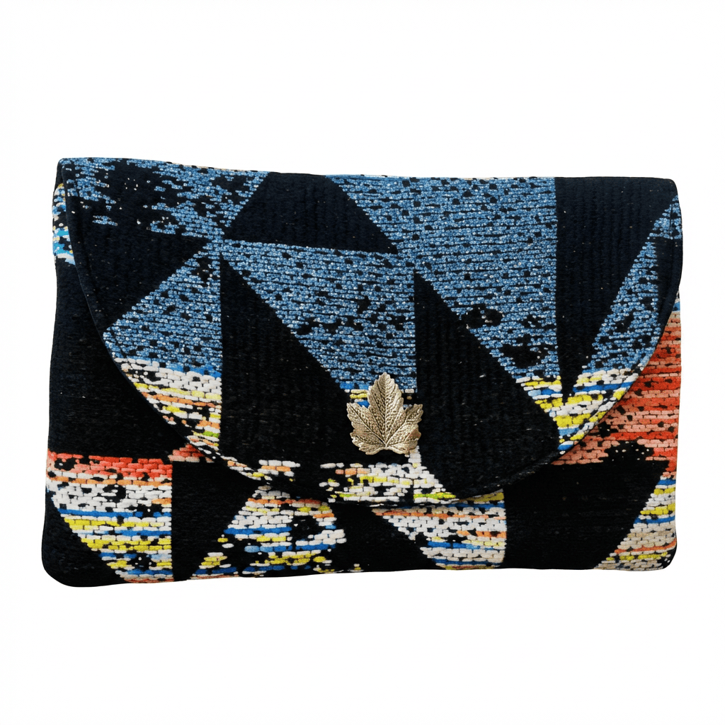 Pochette Sylvestre en tweed noir, bleu, blanc, corail et jaune fabriqué en France