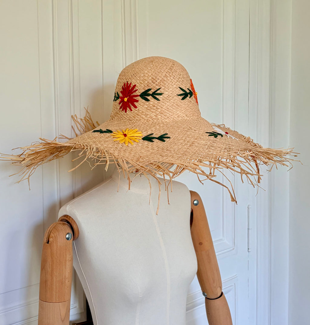 Grand chapeau de paille Flower power