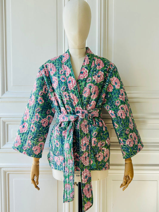 Veste kimono ceinturée en indienne réversible