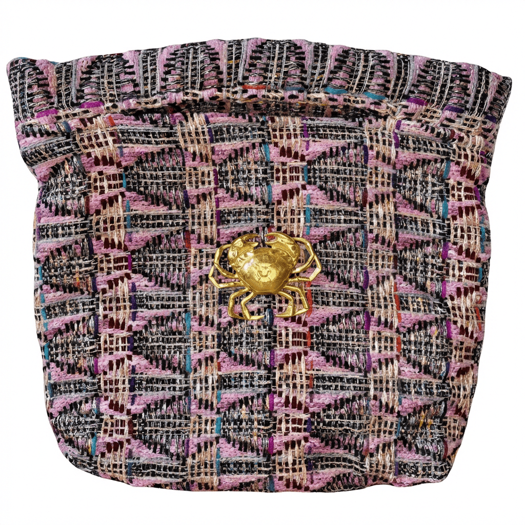 Pochette Agathe en tweed lilas, rose et marine tissé et fabriquée en France