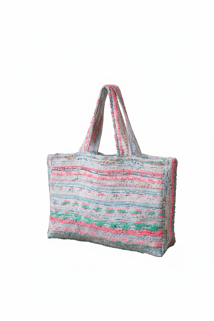 Sac Justine en tweed bleu, rose fluo, blanc et vert d'eau tissé et fabriqué en France