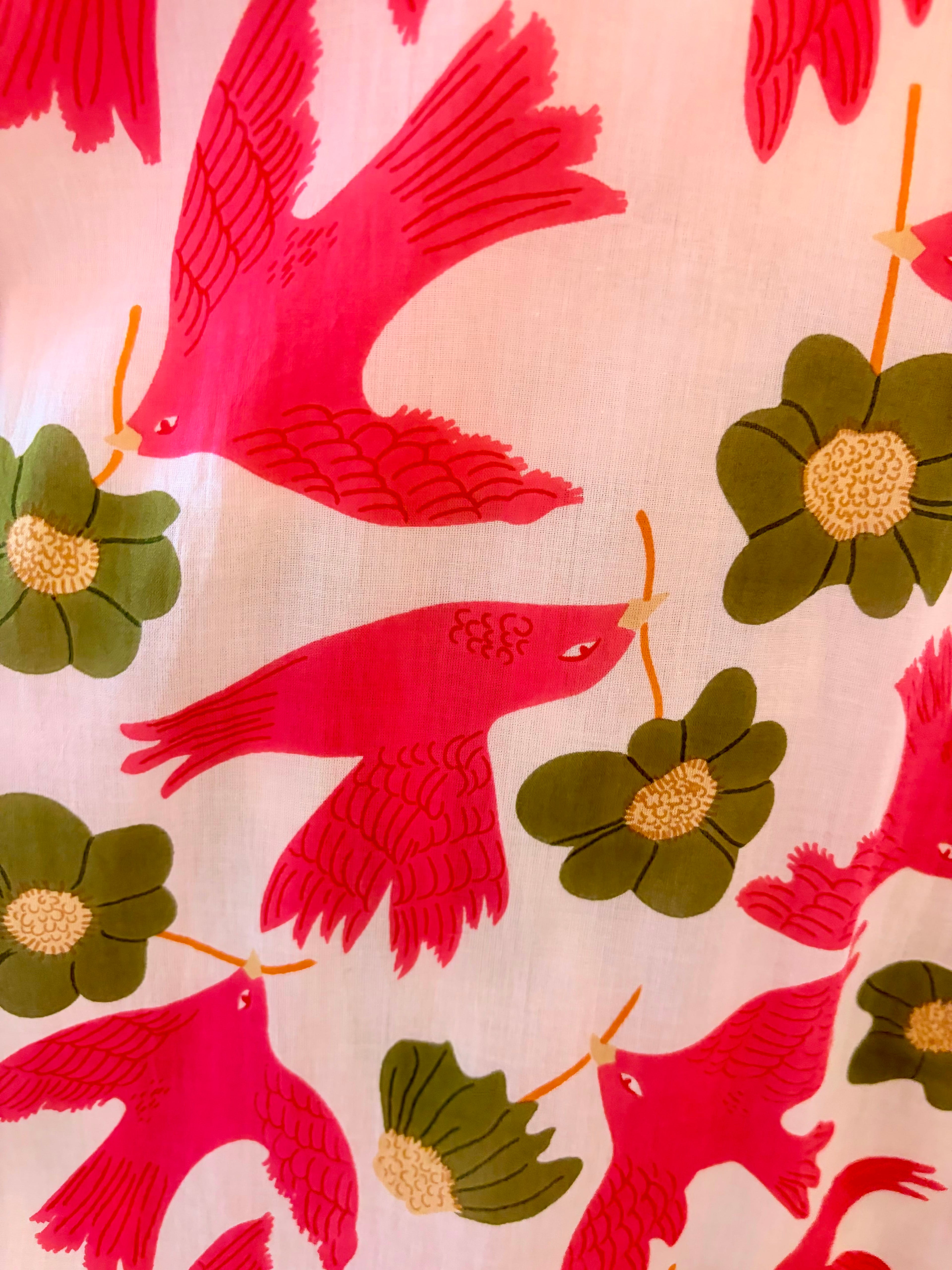 Robe longue col tunisien imprimée oiseaux en coton