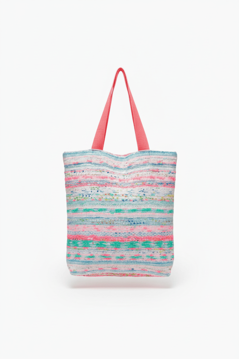 Sac Vivien en tweed bleu, rose fluo, blanc et vert d'eau tissé et fabriqué en France