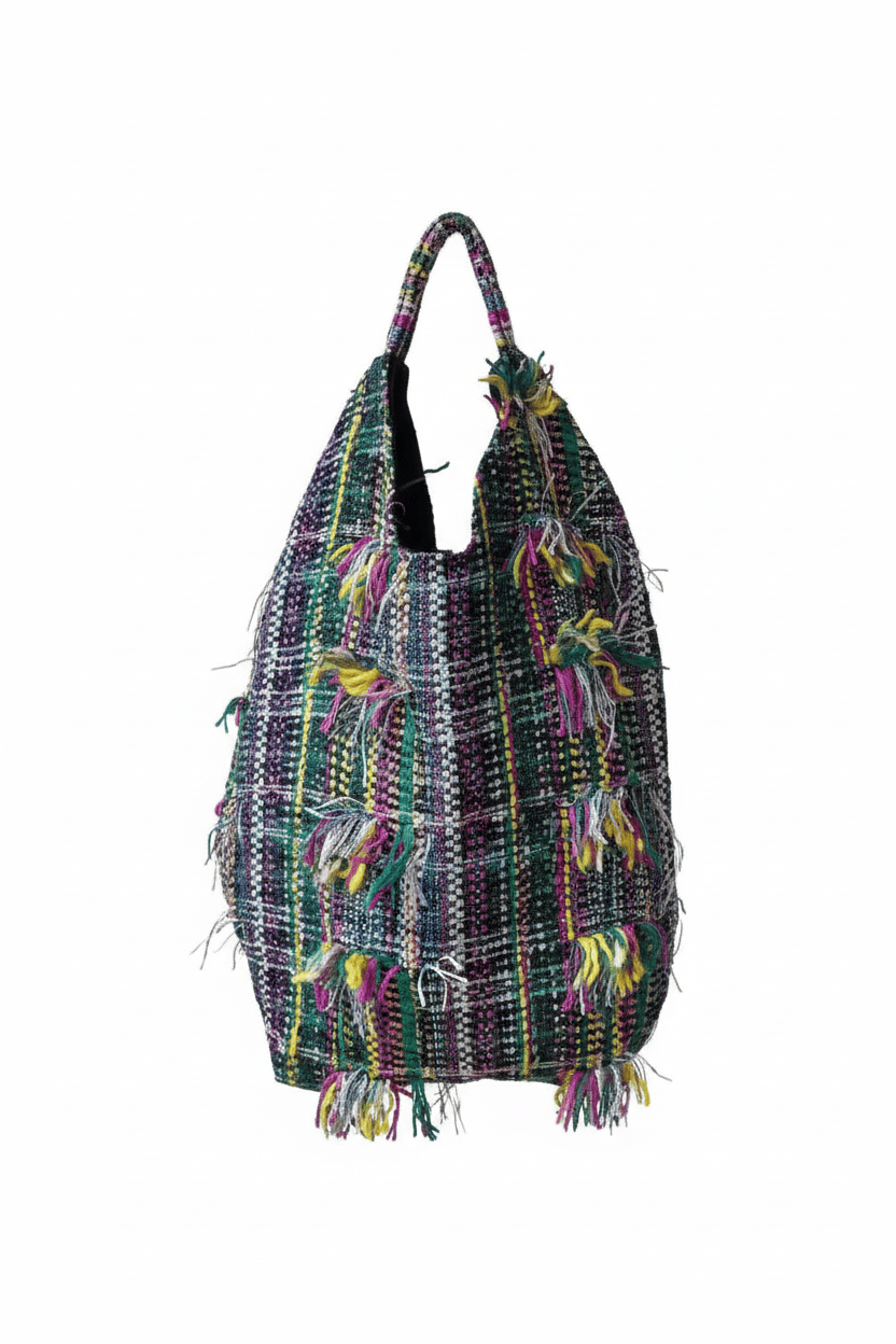 Sac Yvette en tweed vert émeraude, jaune, blanc et rose tissé et fabriqué en France