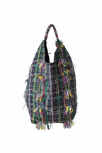 Sac Yvette en tweed vert émeraude, jaune, blanc et rose tissé et fabriqué en France