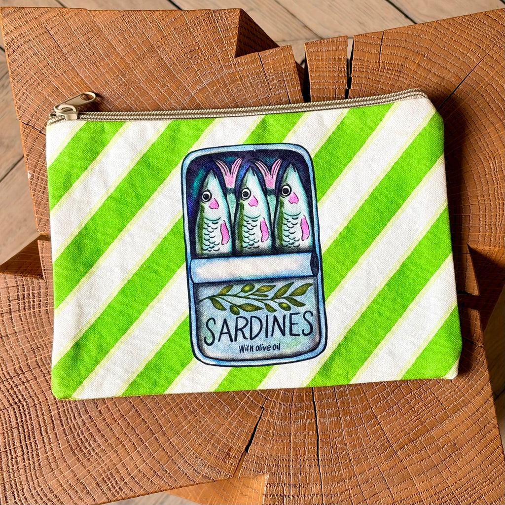 Grande pochette boîte de sardines rayée verte 22x15 cm