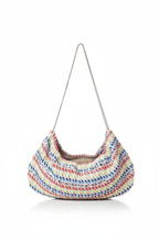 Housse de sac Mini Bénédicte en tweed bleu, rouge, jaune et blanc tissé et fabriqué en France