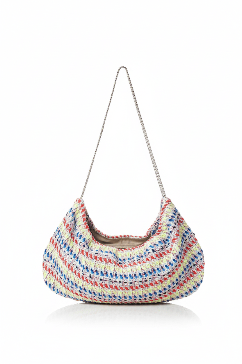 Housse de sac Mini Bénédicte en tweed bleu, rouge, jaune et blanc tissé et fabriqué en France