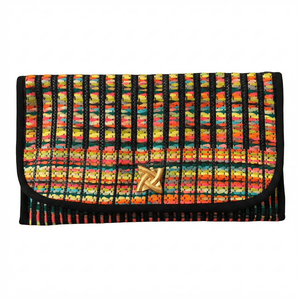 Pochette Alexandre en tweed rose, jaune, turquoise, orange, vert et noir tissé et fabriquée en France