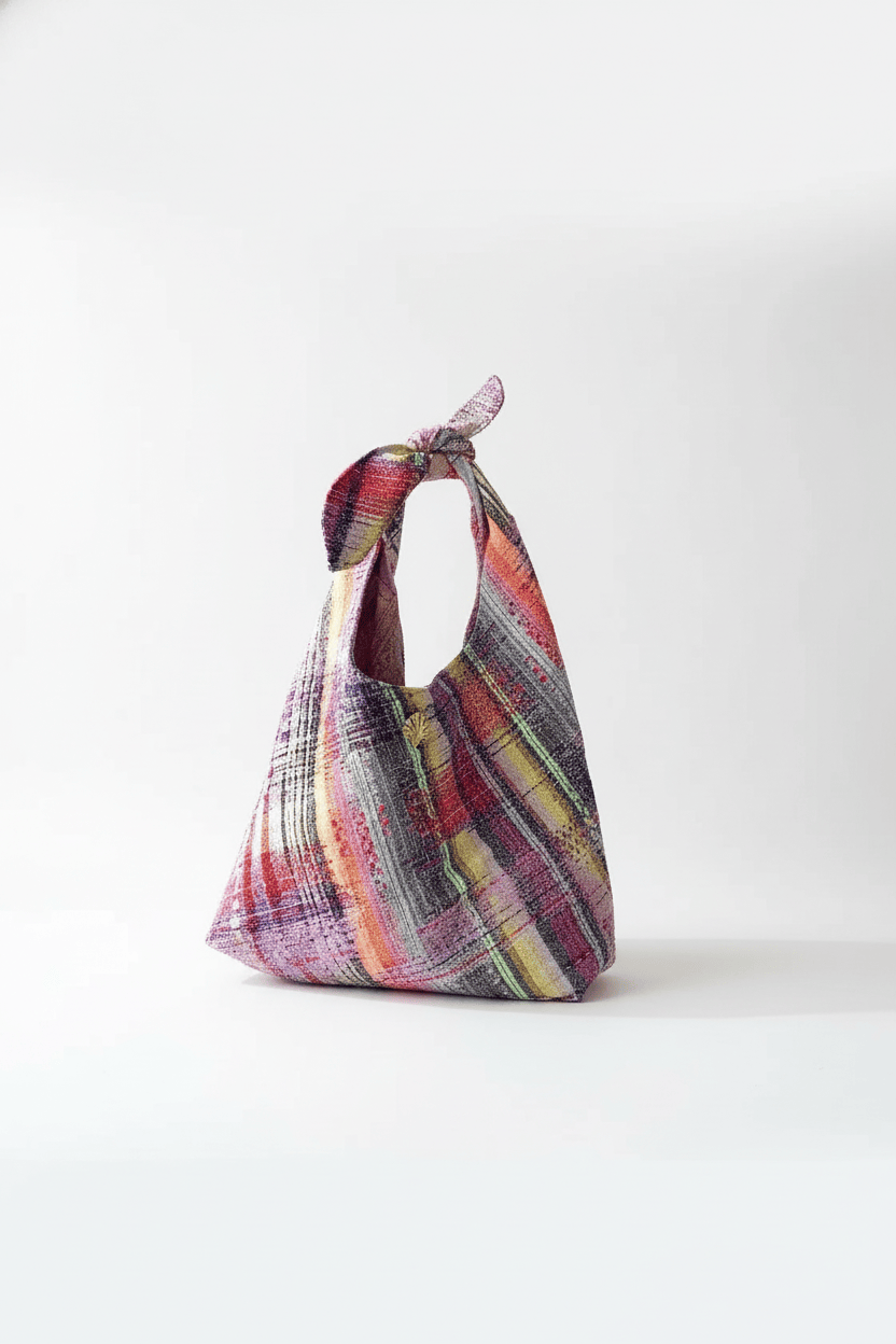 Sac Angèle en tweed rose tendre, rose vif, rouge, noir, jaune, lilas et orange tissé et fabriqué en France