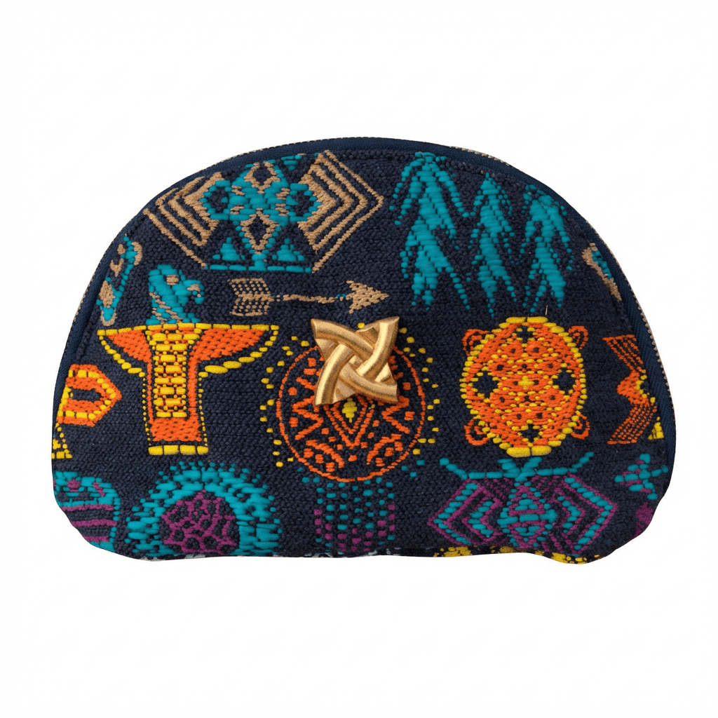 Pochette Sam en tweed bleu marine, orange, rose, turquoise et jaune tissé et fabriquée en France