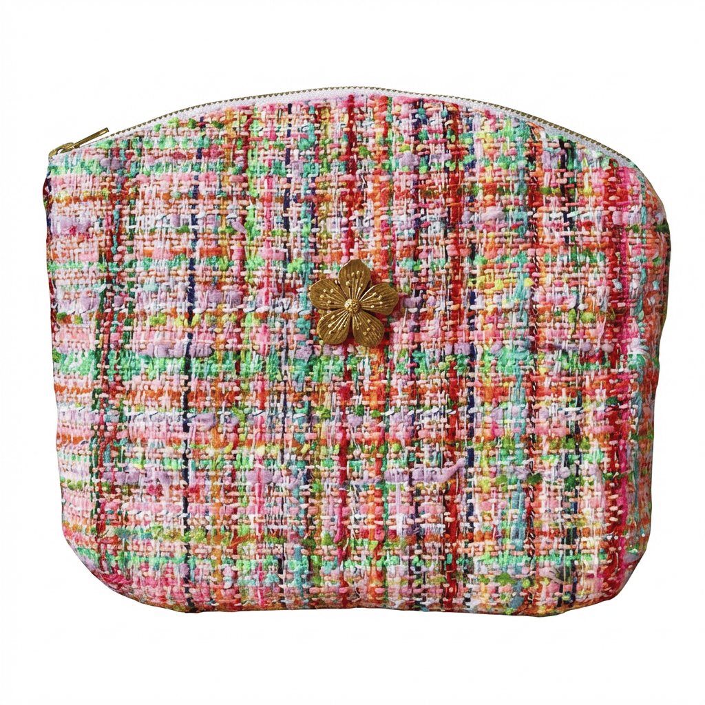Pochette Armand en tweed rose et arc-en-ciel tissé et fabriquée en France