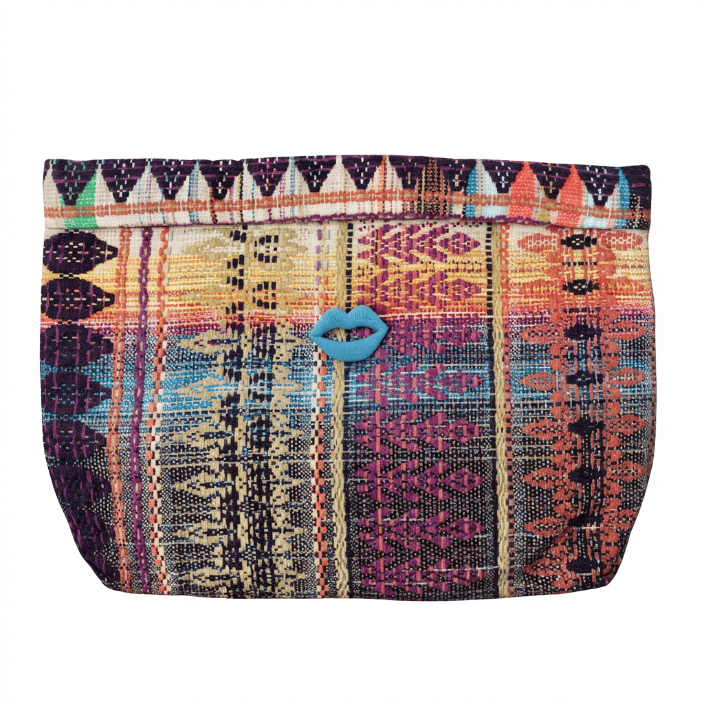 Pochette Valentine en tweed violet, beige, turquoise et corail tissé et fabriquée en France