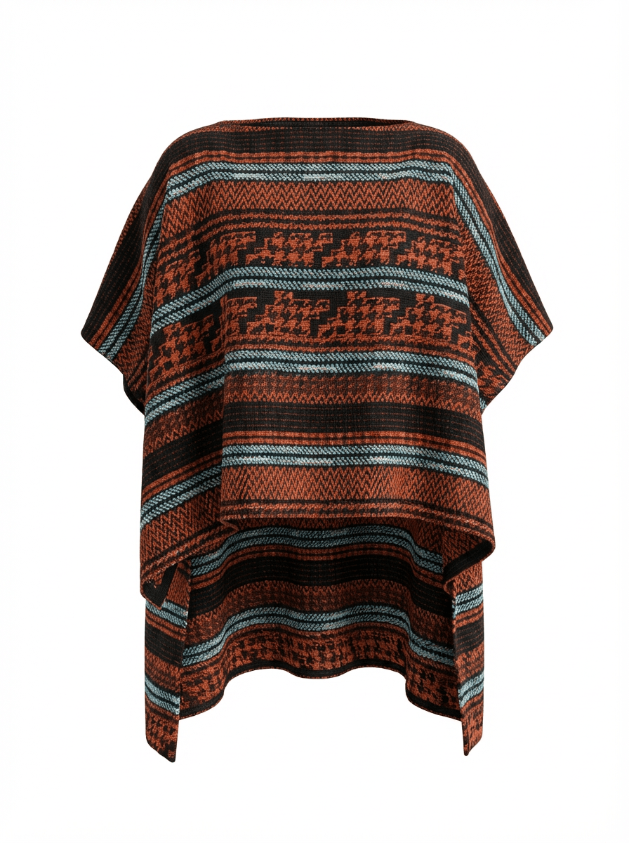 Poncho en tweed orange noir et turquoise tissé et fabriqué en France