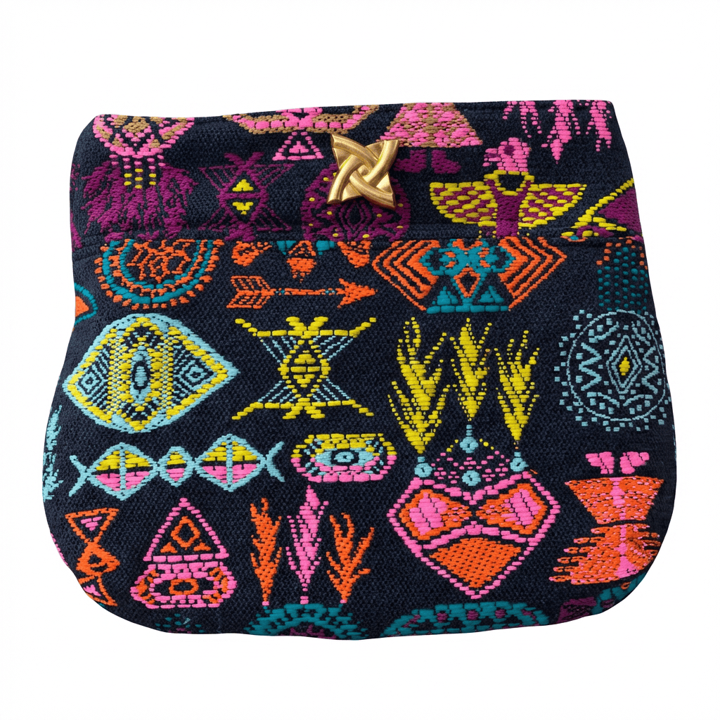 Pochette Irène en tweed bleu marine, orange, rose, turquoise et jaune tissé et fabriquée en France