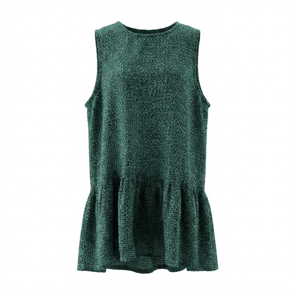 Robe sans manches à volant en tweed vert, noir et blanc fabriqué en France