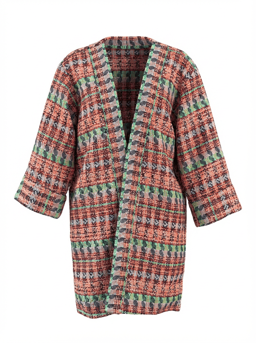 Kimono en tweed vert, blanc, saumon, marine et doré tissé et fabriqué en France